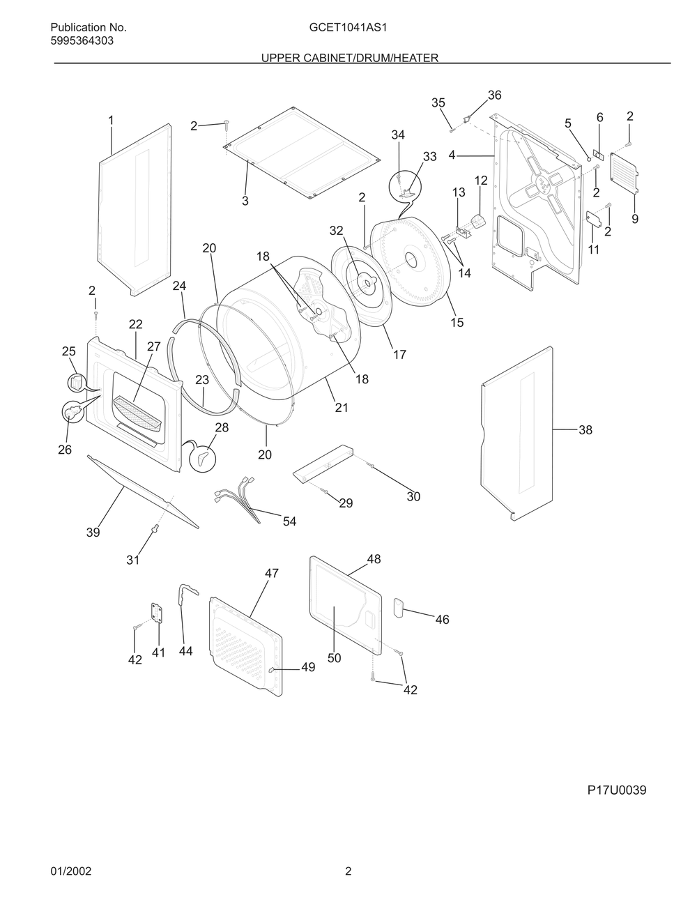 Upper Cabinet/Drum/Heater Diagram and Parts List for GCET1041AS1  Frigidaire Dryer