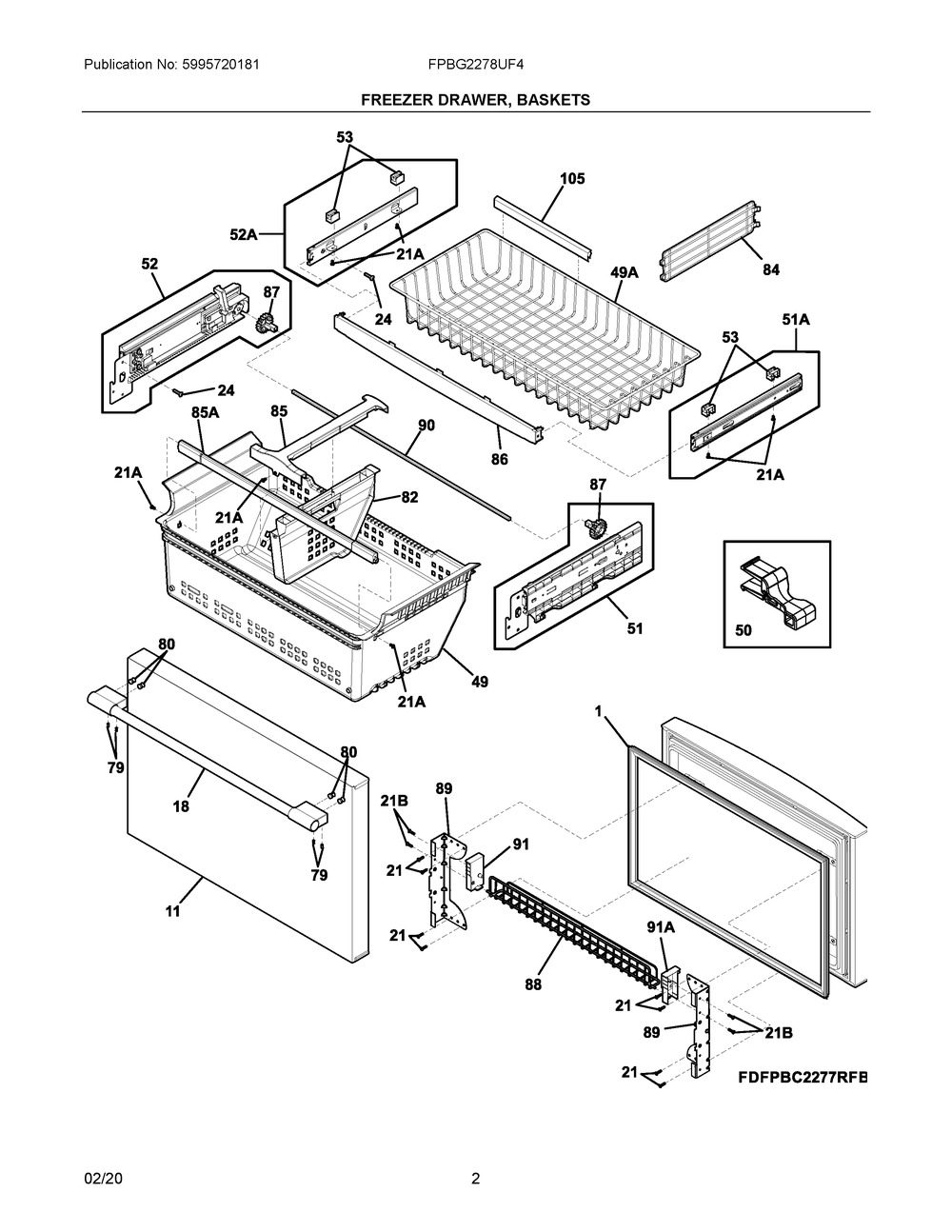 Freezer Drawer, Baskets Diagram and Parts List for FPBG2278UF4  Frigidaire Refrigerator