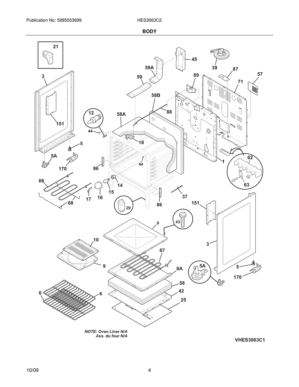 Body Diagram and Parts List for HES3063C2  Frigidaire Range