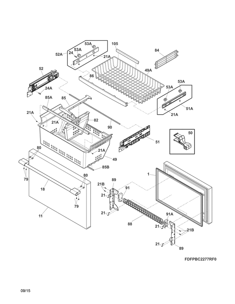Freezer Drawer, Baskets Diagram and Parts List for FPBC2277RF1  Frigidaire Refrigerator
