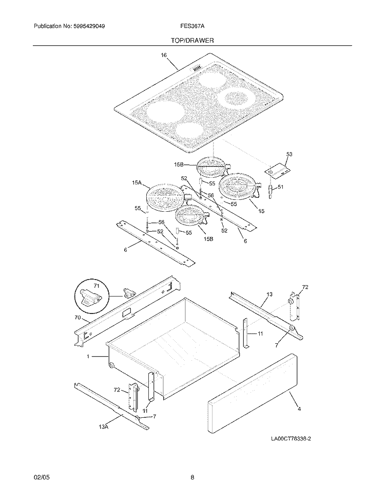 TOP / DRAWER Diagram and Parts List for FES367AQH  Frigidaire Range
