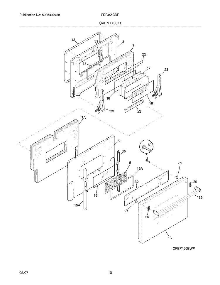 OVEN DOOR Diagram and Parts List for FEF455BBF  Frigidaire Range