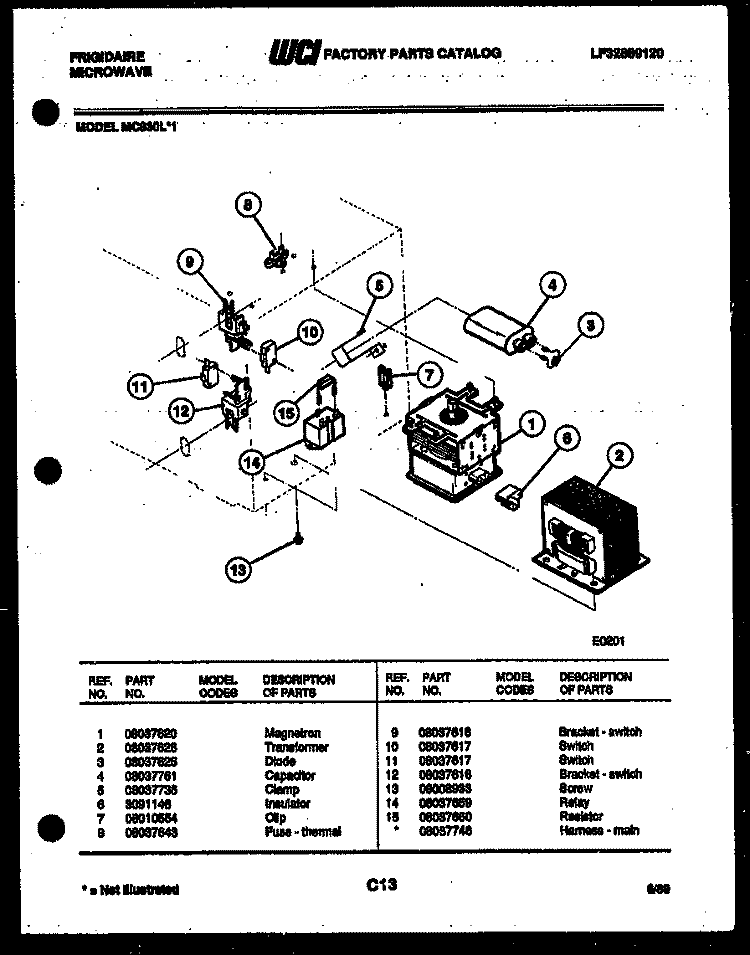 POWER CONTROL Diagram and Parts List for MC830L1  Frigidaire Microwave