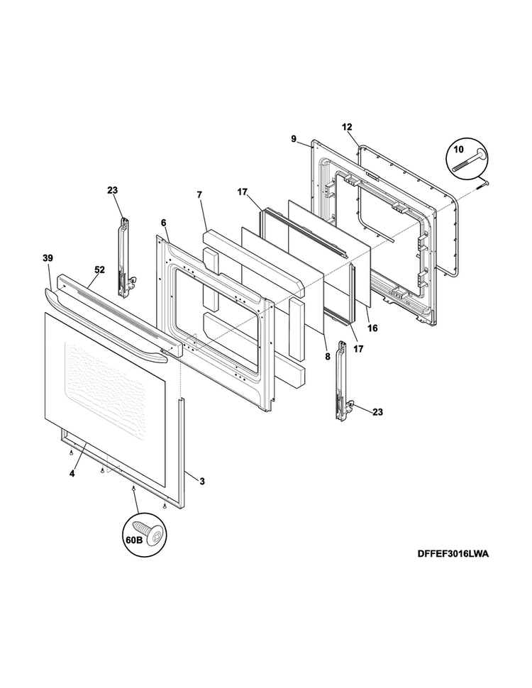 Door Diagram and Parts List for CFEF3024RWA  Frigidaire Range