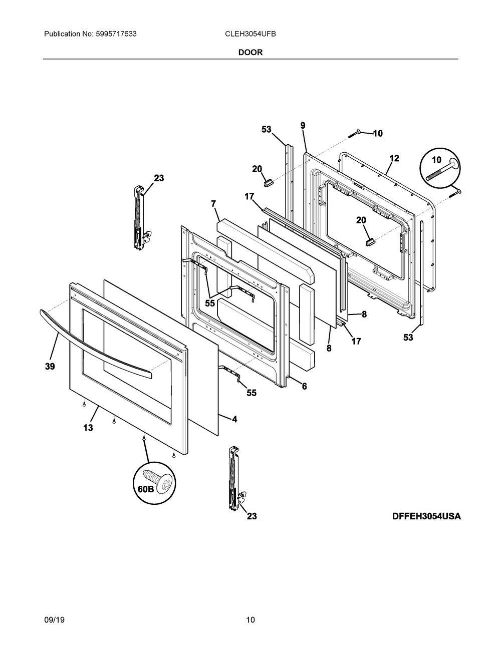 Door Diagram and Parts List for CLEH3054UFB  Frigidaire Range