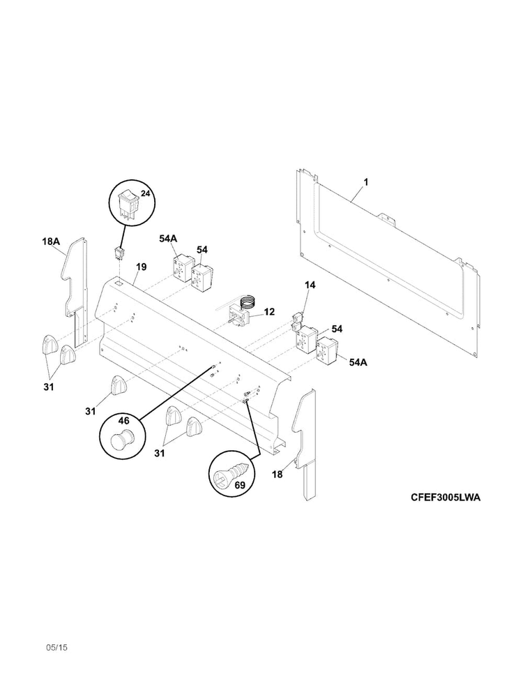 Backguard Diagram and Parts List for FFEF3005MQC  Frigidaire Range