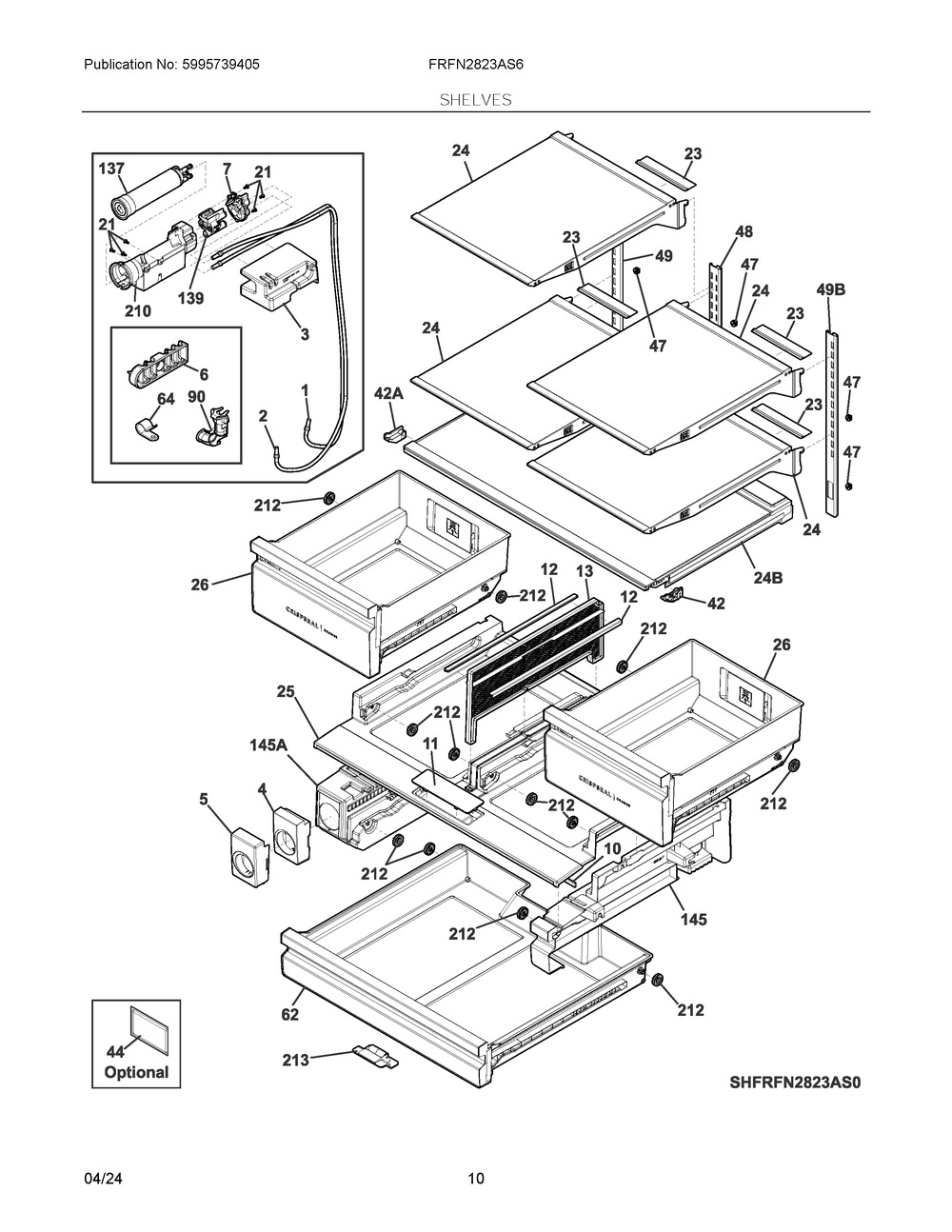 Shelves Diagram and Parts List for FRFN2823AS6  Frigidaire Refrigerator