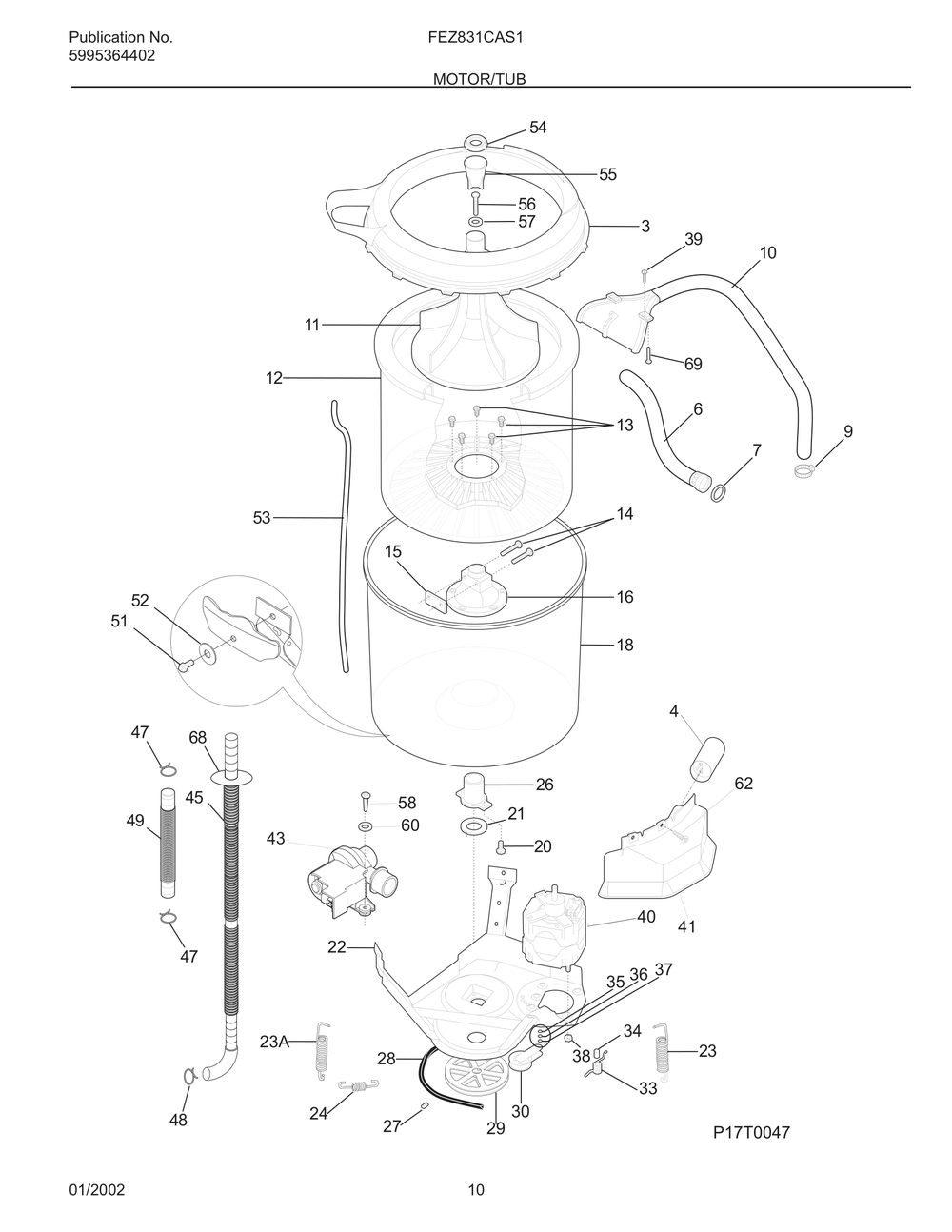 Motor/Tub Diagram and Parts List for FEZ831CAS1  Frigidaire Dryer