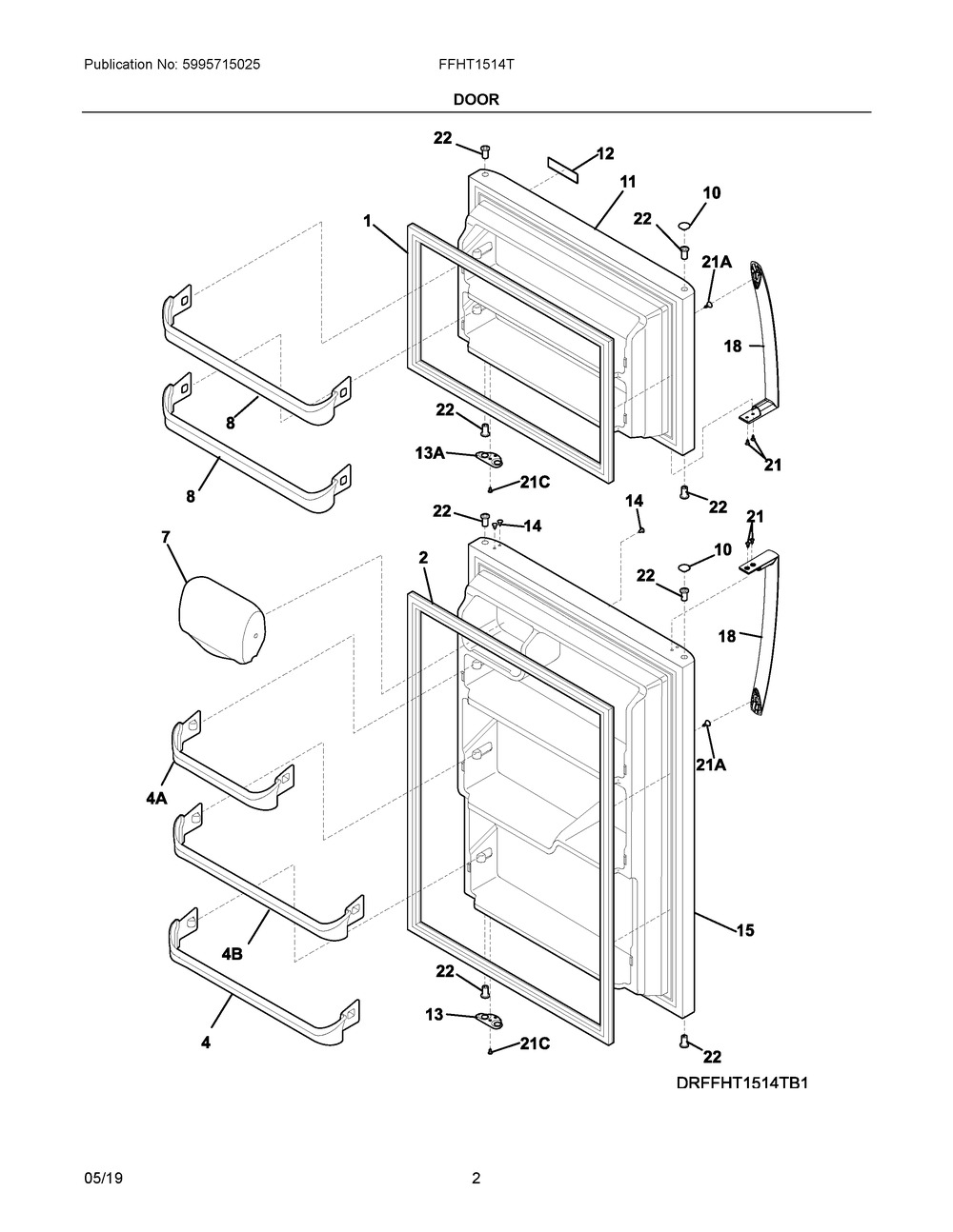 Door Diagram and Parts List for FFHT1514TB4  Frigidaire Refrigerator