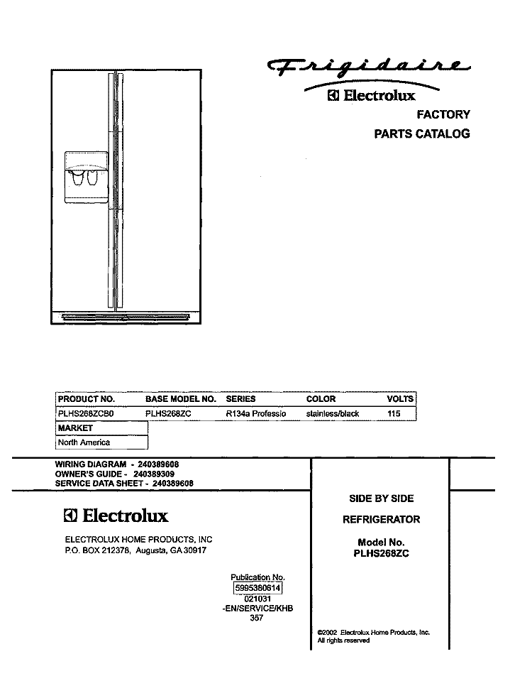 COVER Diagram and Parts List for PLHS268ZCB0  Frigidaire Refrigerator