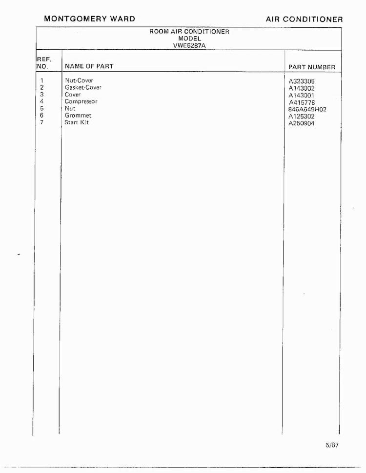 Air Conditioner Page 8 Diagram and Parts List for 5287A  Frigidaire Air Conditioner