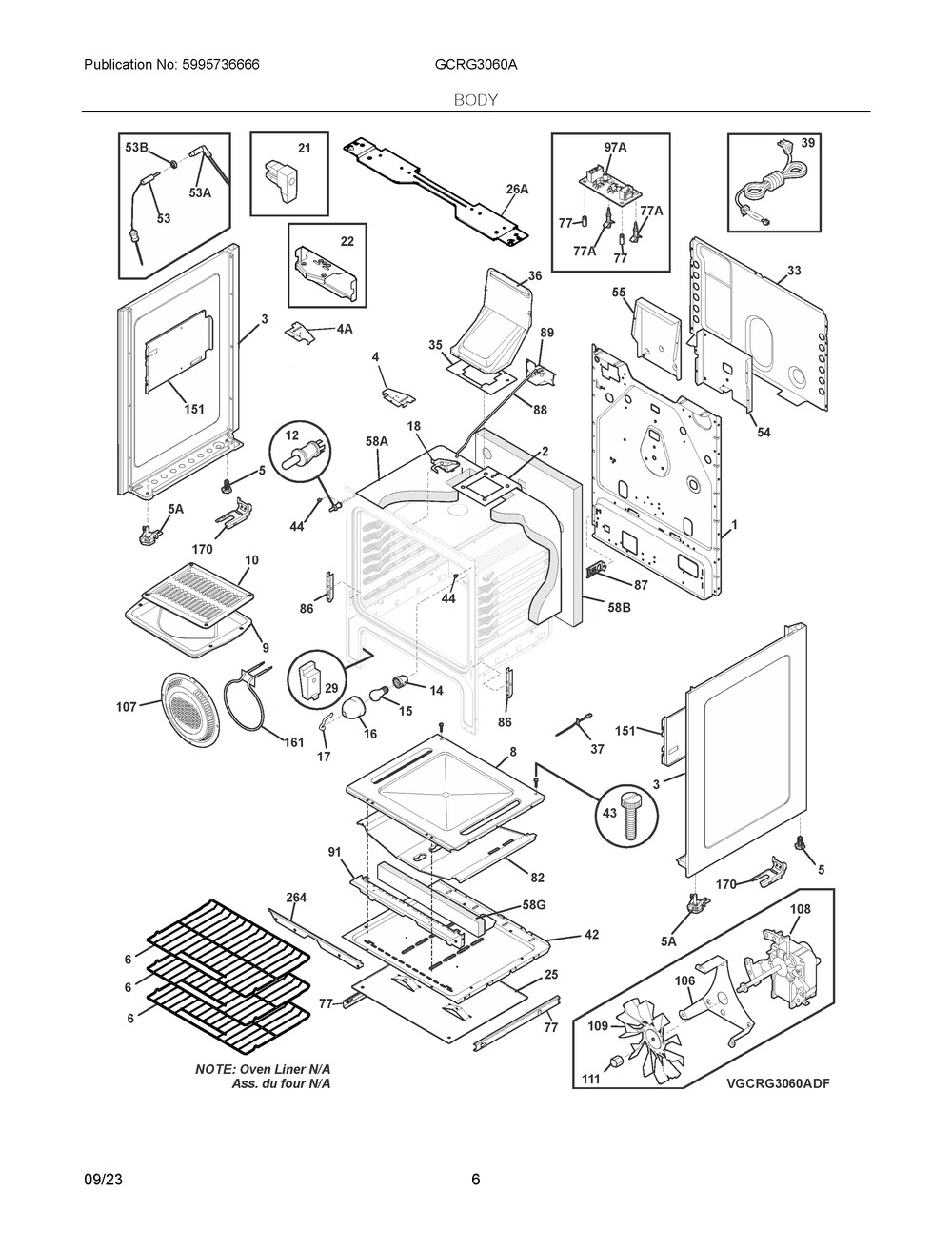 Body Diagram and Parts List for GCRG3060ADH  Frigidaire Range