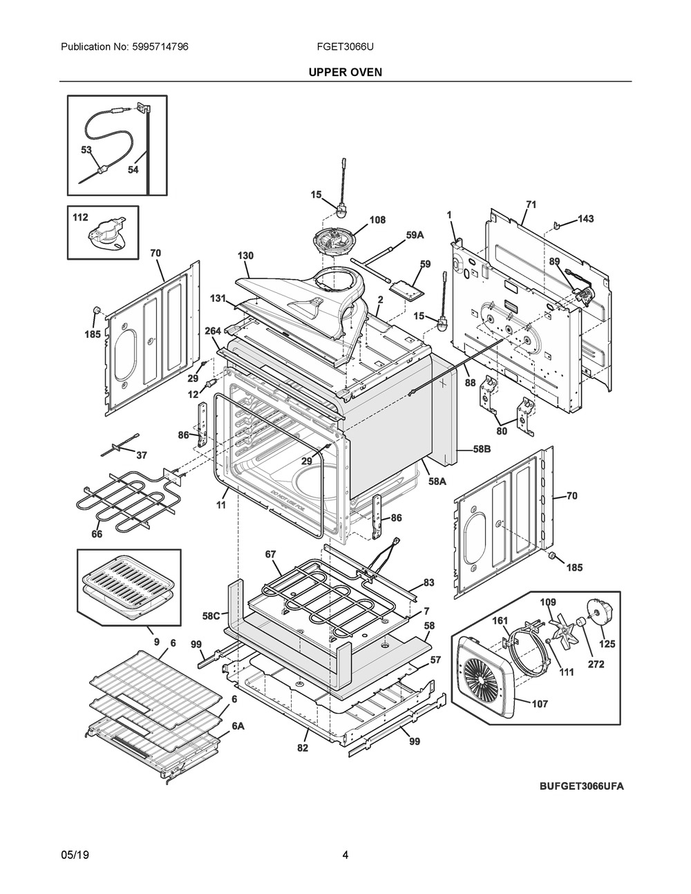 Upper Oven Diagram and Parts List for FGET3066UFA  Frigidaire Wall Oven