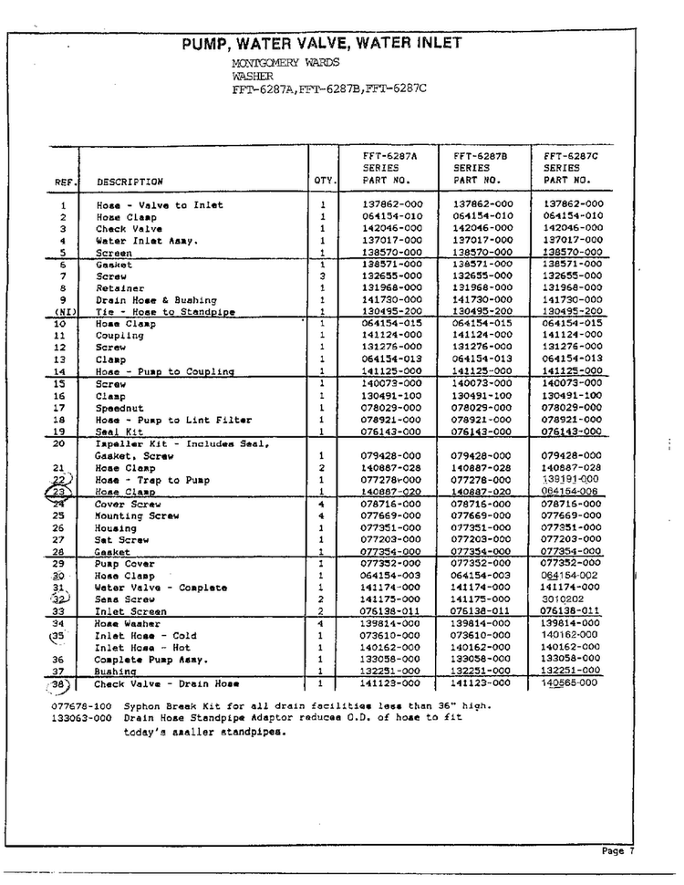 Pump/valve/inlet Page 2 Diagram and Parts List for 6287C  Frigidaire Washer