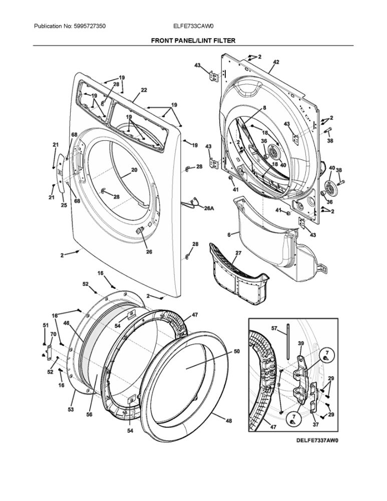 Front Panel/Lint Filter Diagram and Parts List for ELFE733CAW0  Frigidaire Dryer