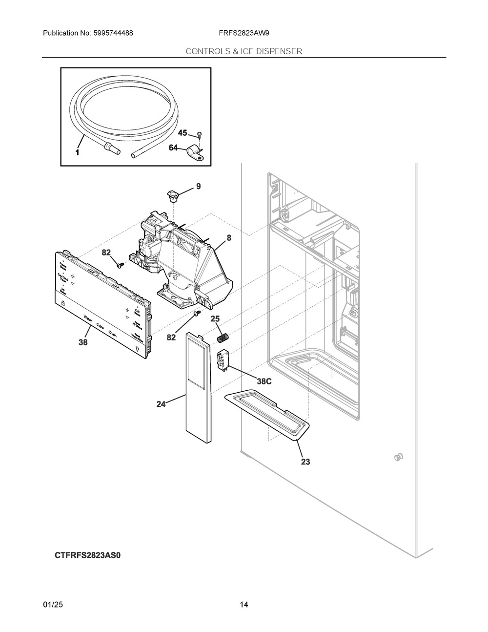 Controls And Ice Dispenser Diagram and Parts List for FRFS2823AW9  Frigidaire Refrigerator
