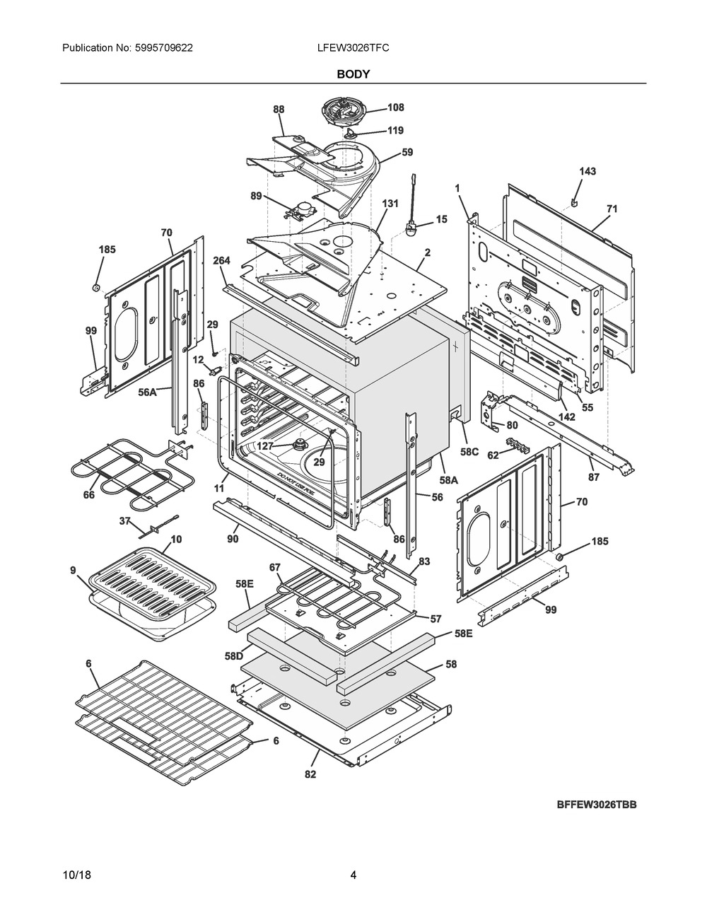 Body Diagram and Parts List for LFEW3026TFC  Frigidaire Wall Oven