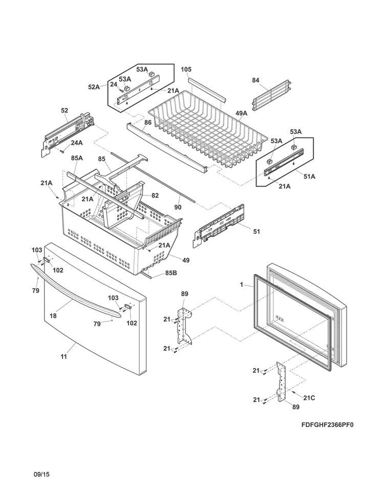 Freezer Drawer, Baskets Diagram and Parts List for FGHG2366PF3A  Frigidaire Refrigerator