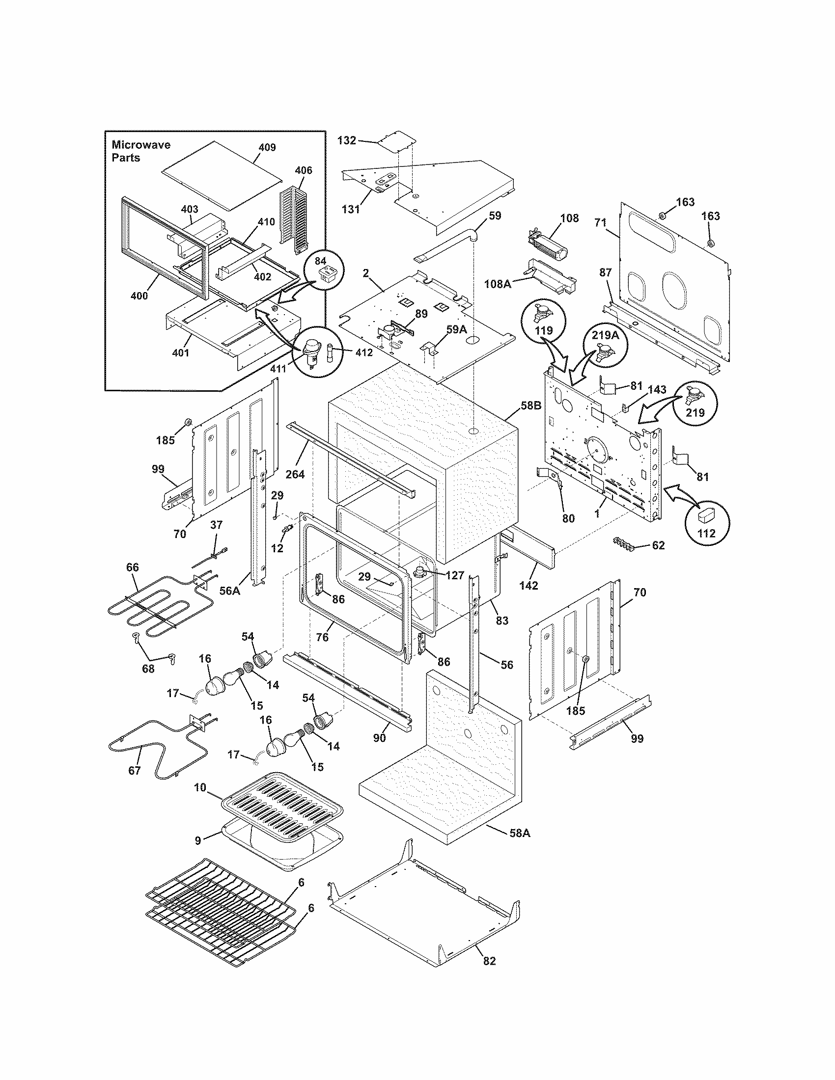 Lower Oven Diagram and Parts List for 79047843409  Kenmore Microwave
