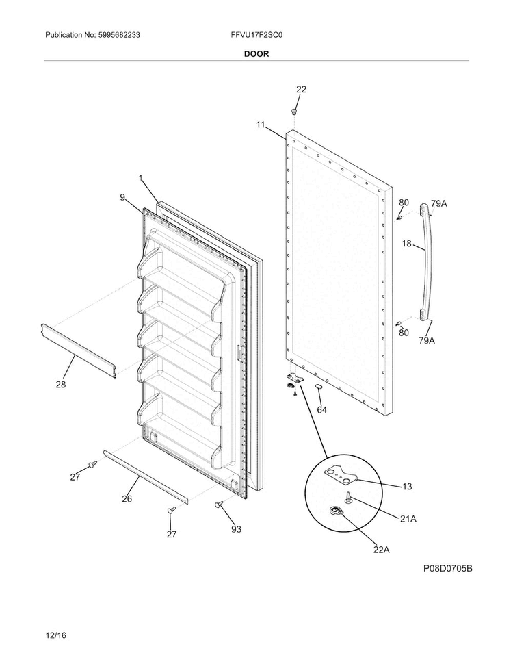 Door Diagram and Parts List for FFVU17F2SC0  Frigidaire Freezer