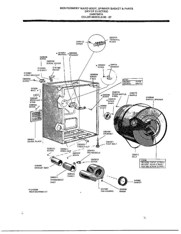 Body, Spinner Basket And Parts Diagram and Parts List for 7347A  Frigidaire Dryer