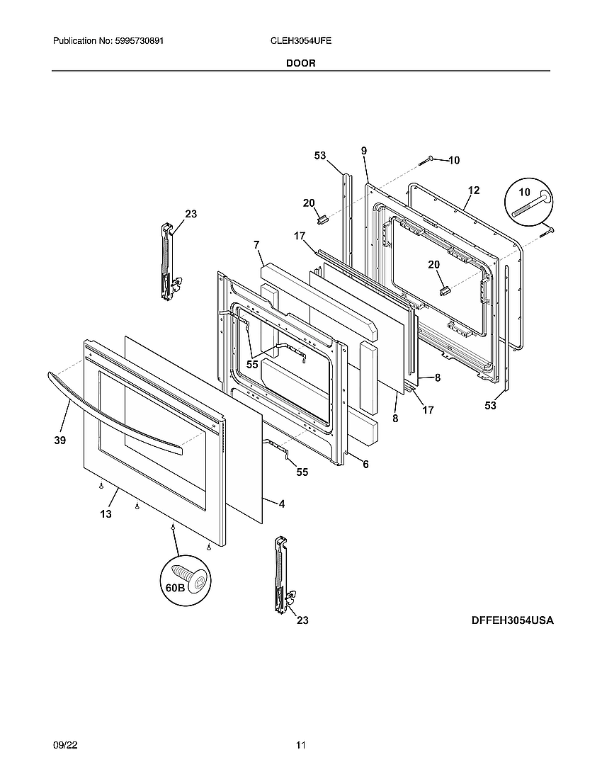 Door Diagram and Parts List for CLEH3054UFE  Electrolux Range