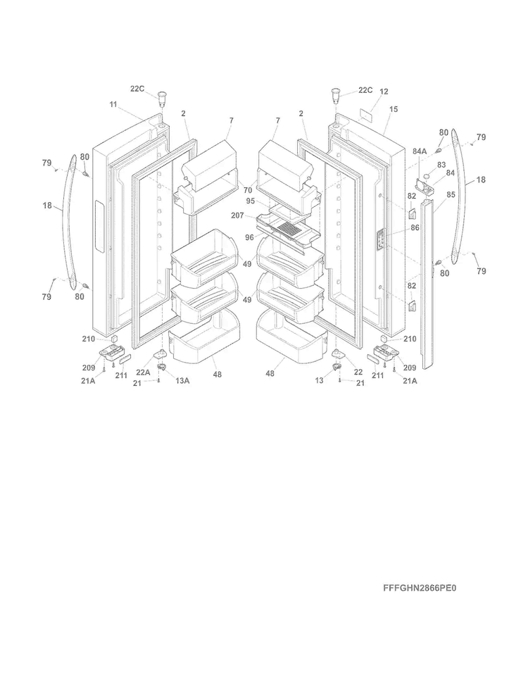 Fresh Food Doors Diagram and Parts List for FGHN2866PE1  Frigidaire Refrigerator