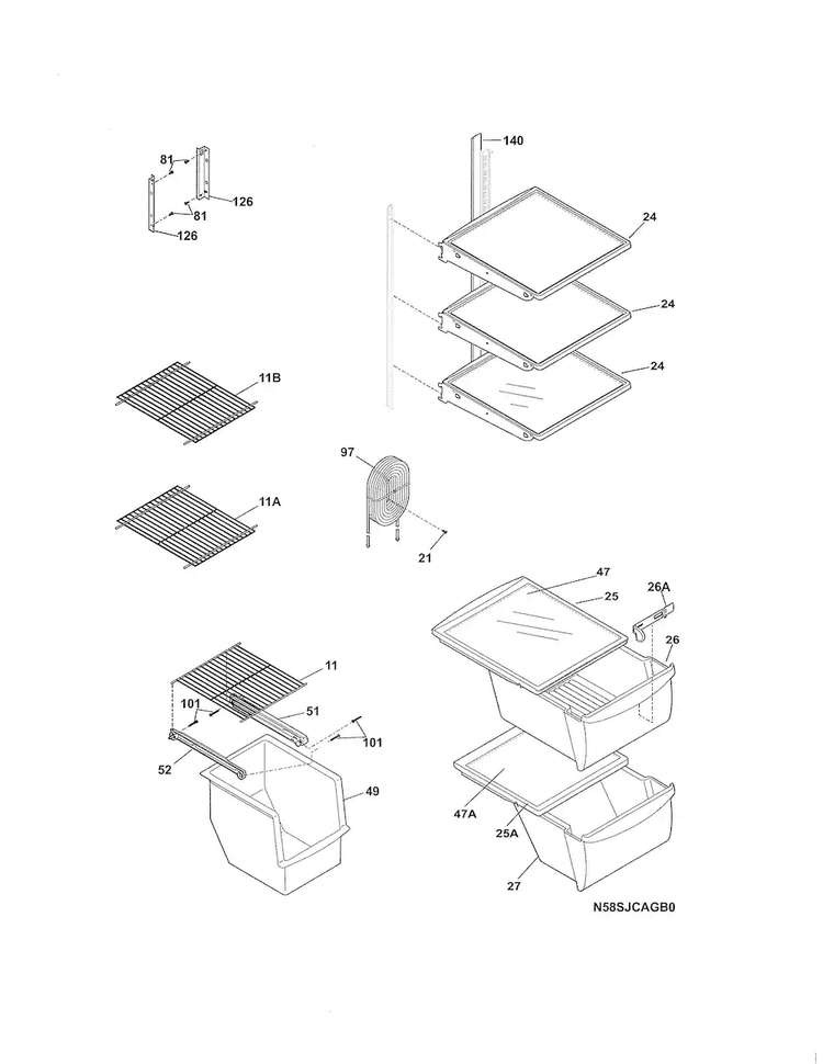 Shelves Diagram and Parts List for FFHS2622MSU  Frigidaire Refrigerator