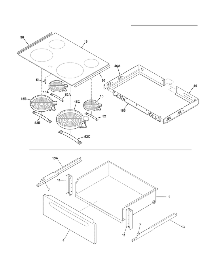 Top/drawer Diagram and Parts List for FFES3025LBF  Frigidaire Range