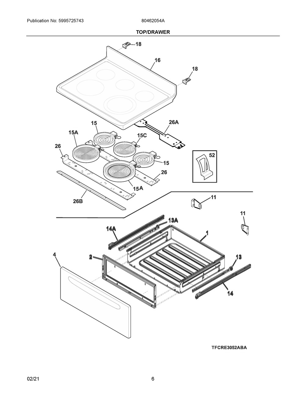 Top/Drawer Diagram and Parts List for 80462054A  Frigidaire Range