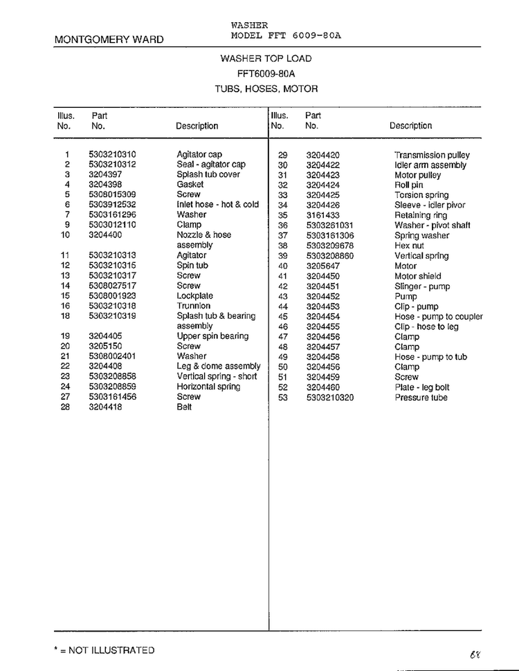 Tub, Hoses, Motor Page 2 Diagram and Parts List for 6009-80A  Frigidaire Washer