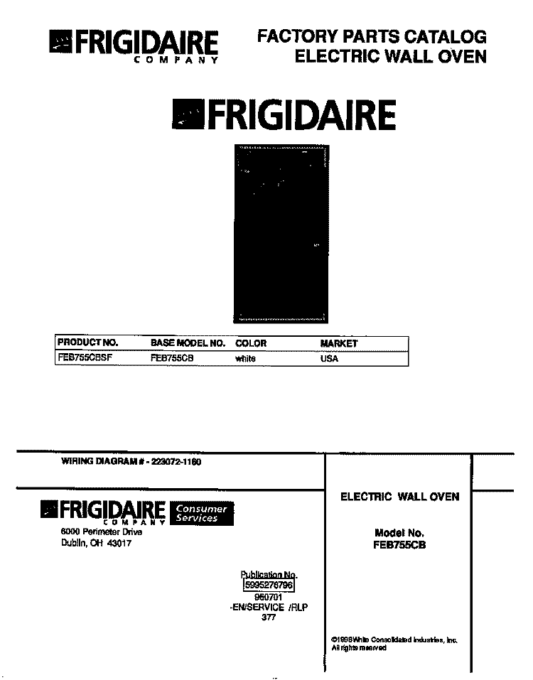 COVER Diagram and Parts List for FEB755CBSF  Frigidaire Wall Oven