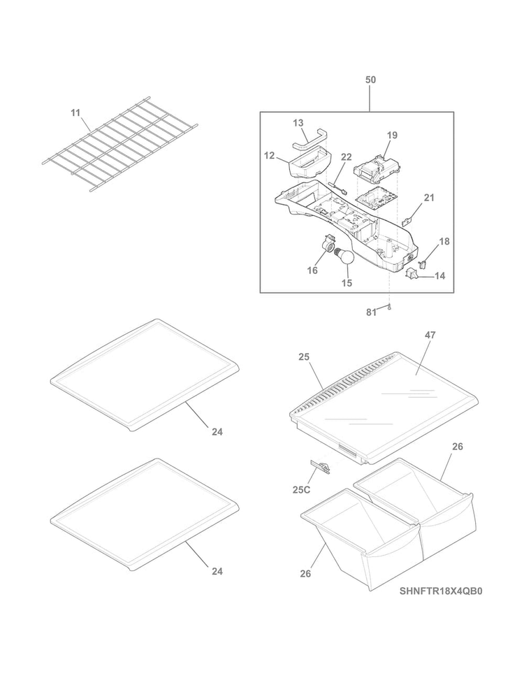 Shelves Diagram and Parts List for FFTR18D2QB1  Frigidaire Refrigerator