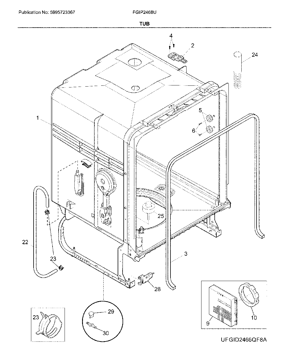 Tub Diagram and Parts List for FGIP2468UD1A  Frigidaire Dishwasher