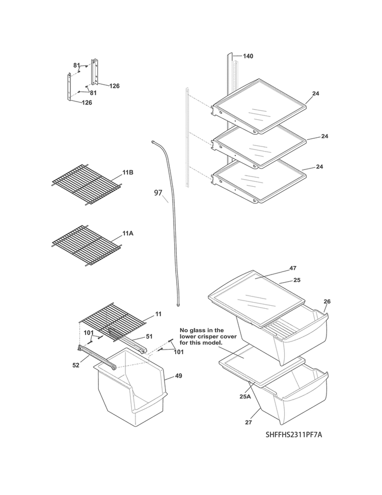 Shelves Diagram and Parts List for FFHS2311PFEA  Frigidaire Refrigerator