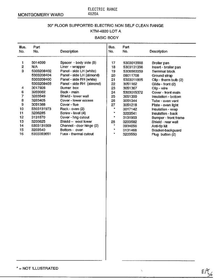 Basic Body Page 2 Diagram and Parts List for 4820A  Frigidaire Range