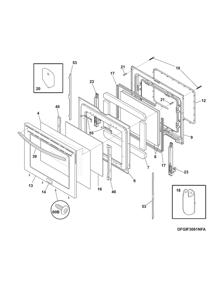Door Diagram and Parts List for FGIF3061NFA  Frigidaire Range
