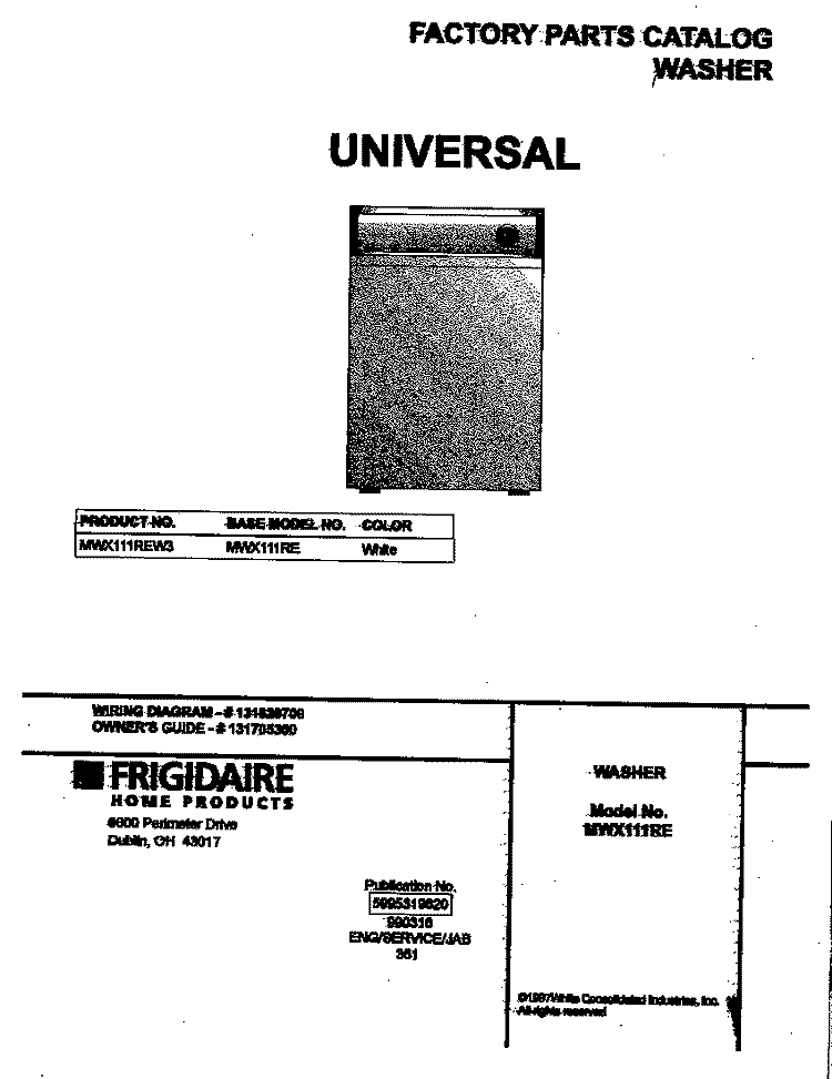 COVER Diagram and Parts List for MWX111REW3  Frigidaire Washer