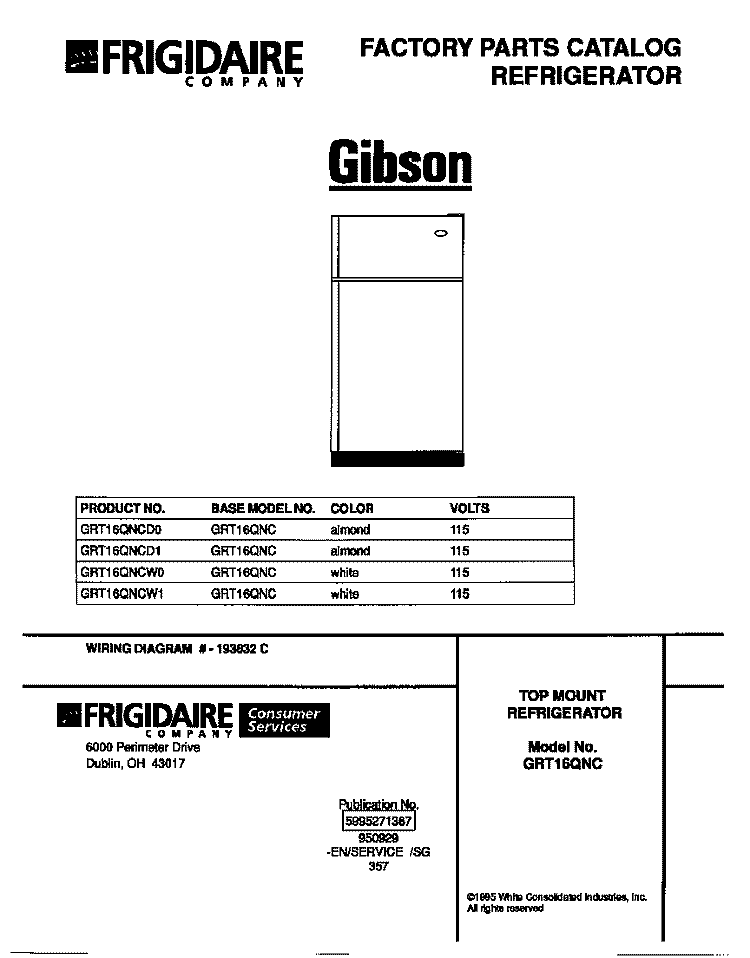 COVER Diagram and Parts List for GRT16QNCD0  Gibson Refrigerator