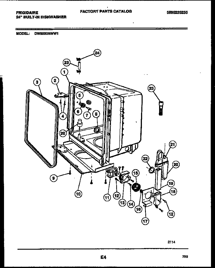 TUB AND FRAME PARTS Diagram and Parts List for DW8500AWW1  Frigidaire Dishwasher