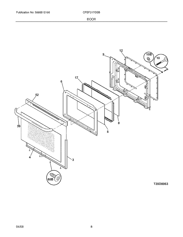DOOR Diagram and Parts List for CFEF317GSB  Frigidaire Range