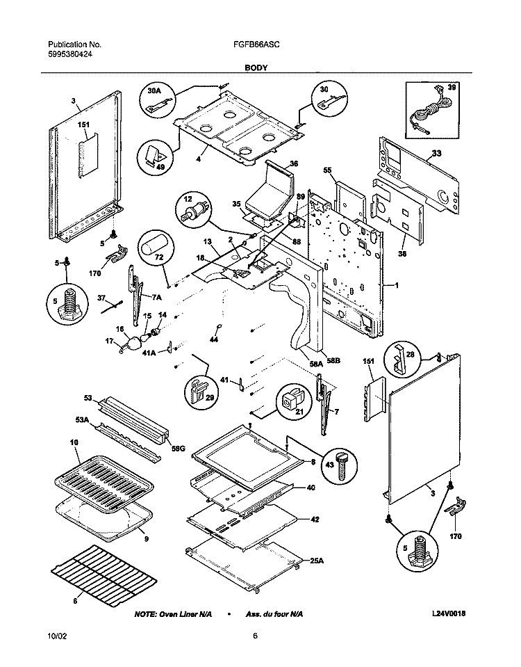 BODY Diagram and Parts List for FGFB66ASC  Frigidaire Range
