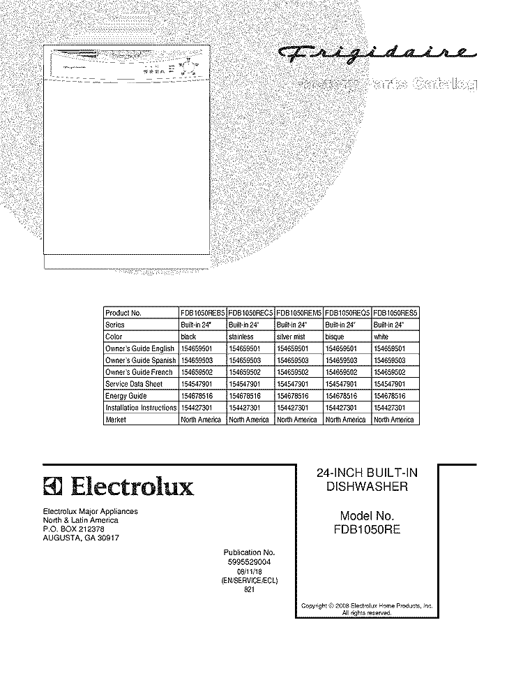 COVER Diagram and Parts List for FDB1050REC5  Frigidaire Dishwasher