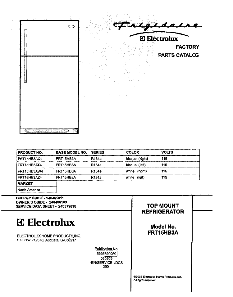 COVER Diagram and Parts List for FRT15HB3AZ4  Frigidaire Refrigerator
