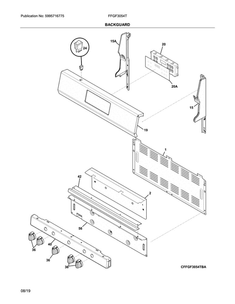 Backguard Diagram and Parts List for FFGF3054TBE  Frigidaire Range