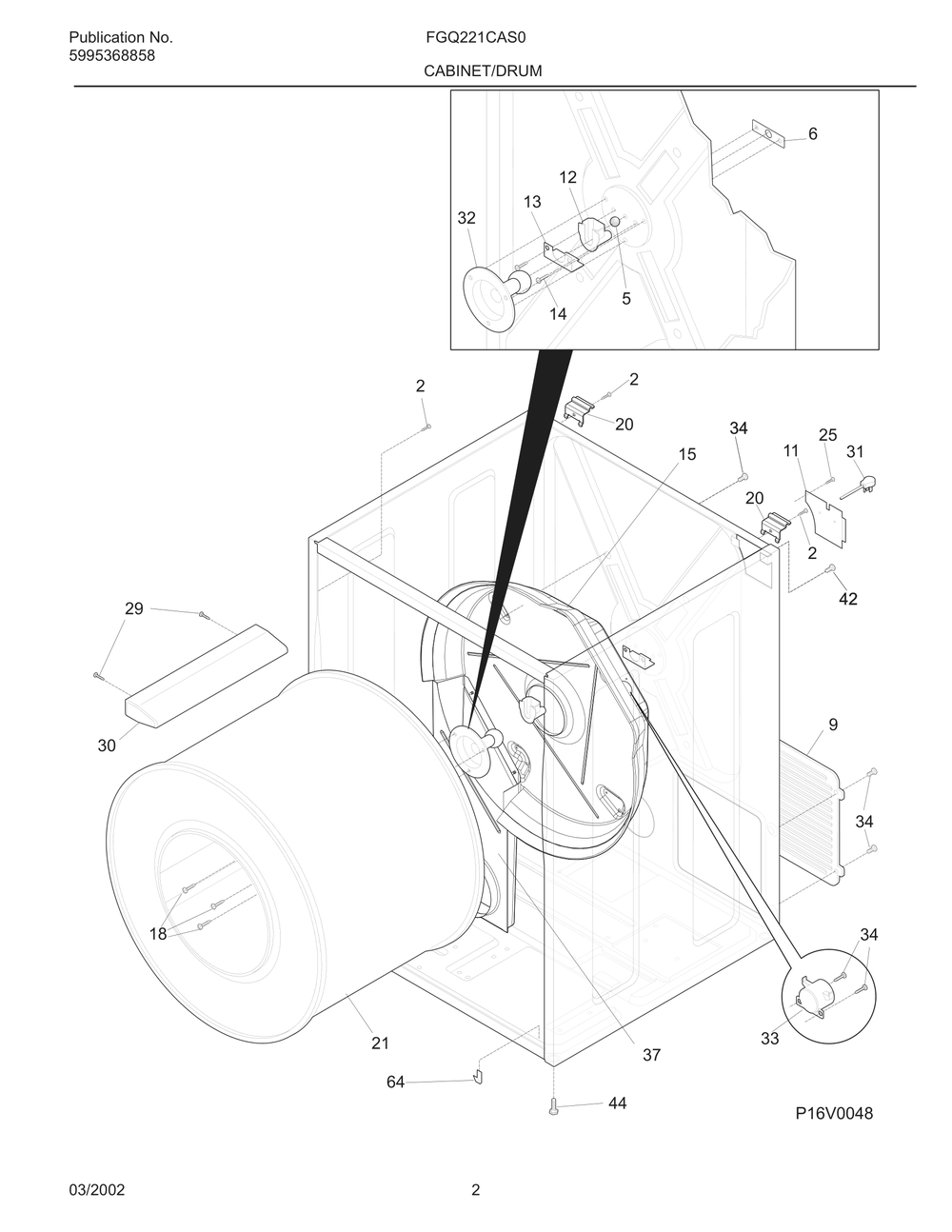 Cabinet/Drum Diagram and Parts List for FGQ221CAS0  Frigidaire Dryer