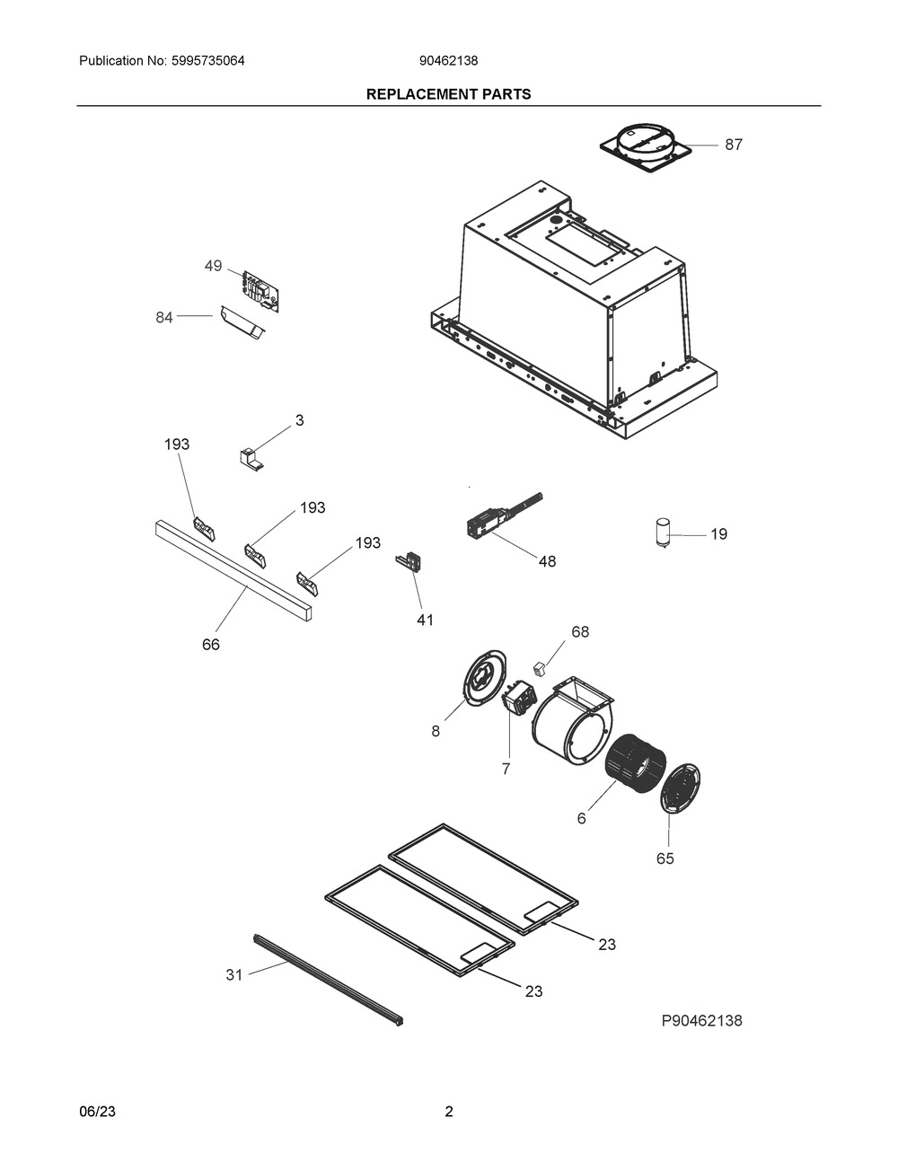 Replacement Parts Diagram and Parts List for 90462138  Frigidaire Range Hood