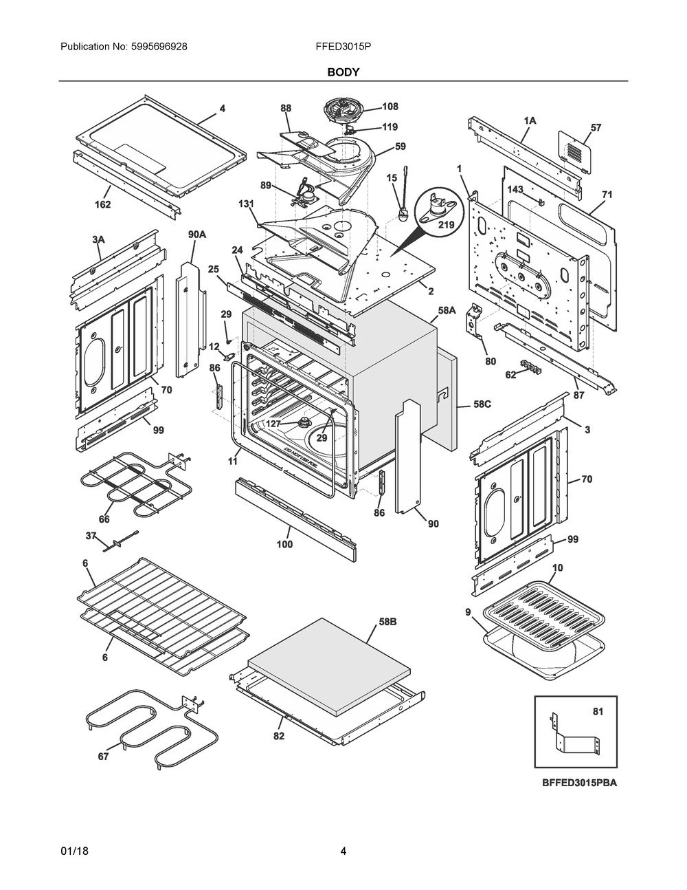 Body Diagram and Parts List for FFED3015PBE  Frigidaire Range