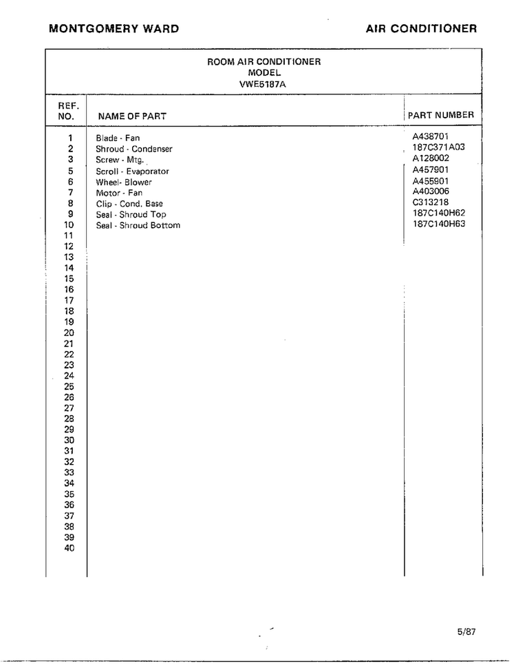 Air Conditioner Page 8 Diagram and Parts List for 5187A  Frigidaire Air Conditioner