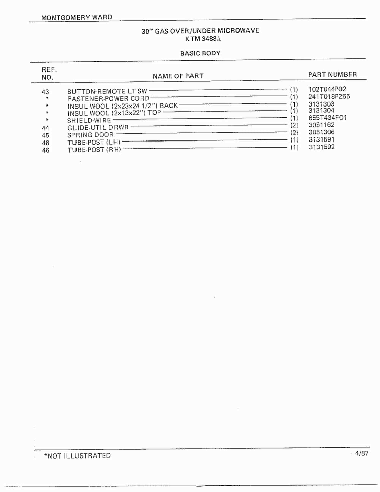 30" Gas Over/under Basic Body Page 3 Diagram and Parts List for 3488A  Frigidaire Range